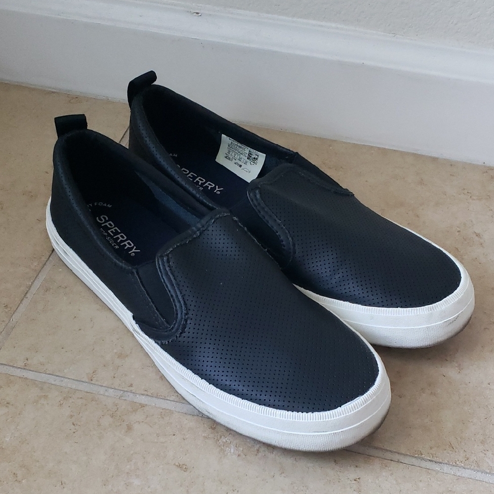 Sperry Topsiders Women's Black Slip-On Leather Mesh Loafers Sz 8.5 Classic